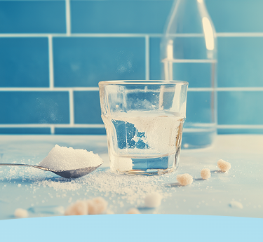 Copo de água com açúcar, colher e garrafa em um balcão de cozinha com fundo de azulejo azul.