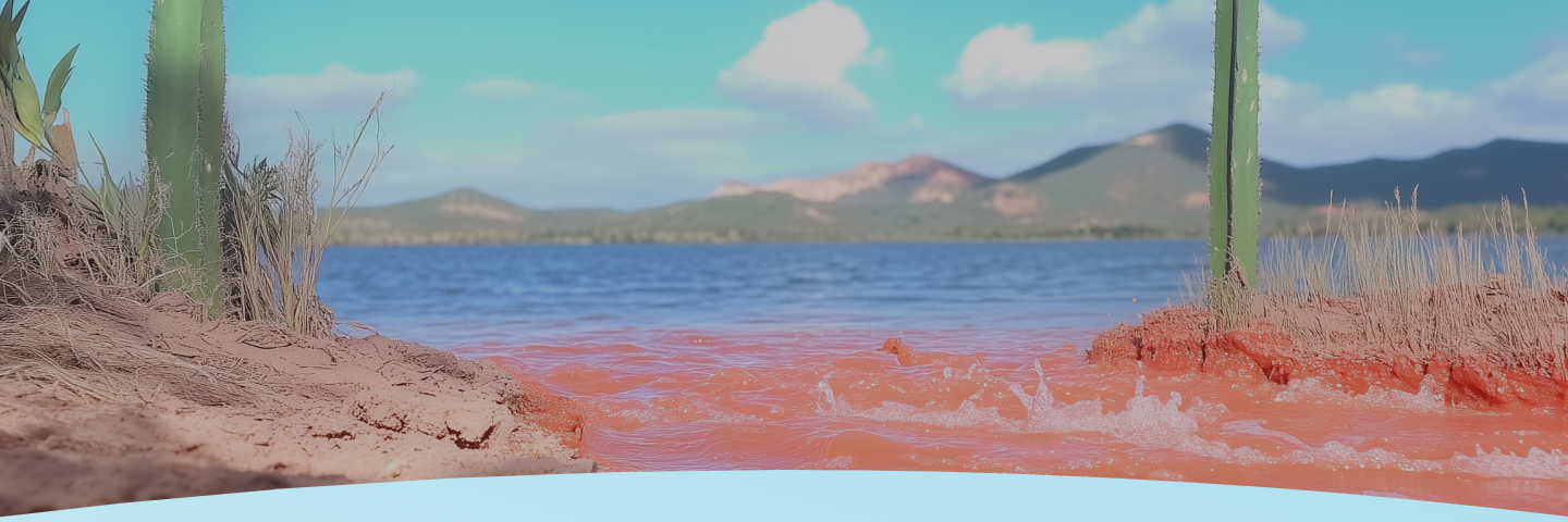 Paisagem do deserto com cactos e água vermelha fluindo para um lago azul, com montanhas ao fundo.