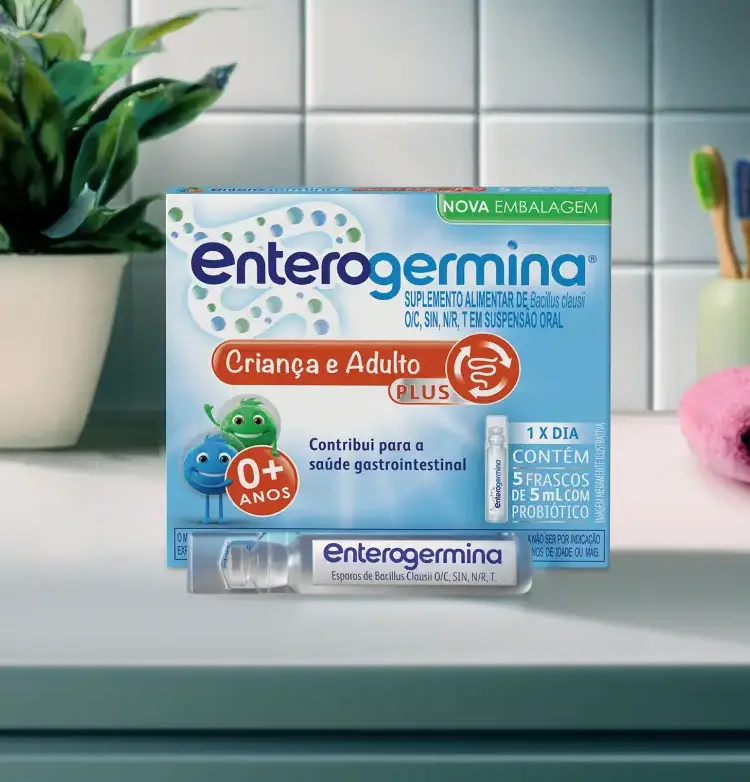 Enterogermina Plus Criança e Adulto, suplemento probiótico oral com 5 frascos de 5ml para saúde intestinal.