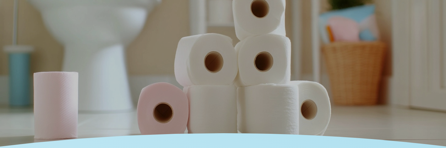 Rolos de papel higiênico empilhados perto do vaso sanitário de um banheiro.