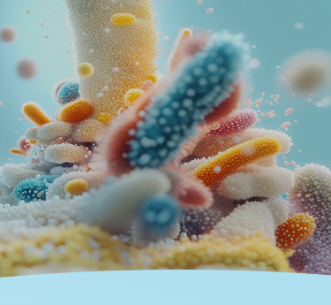 Organismos microscópicos coloridos com texturas e formas variadas em um fundo azul.