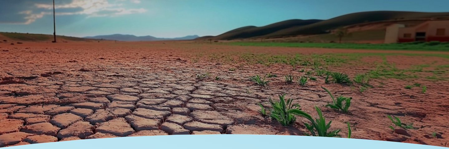 Solo seco rachado com plantas verdes esparsas sob um céu azul perto de colinas distantes.