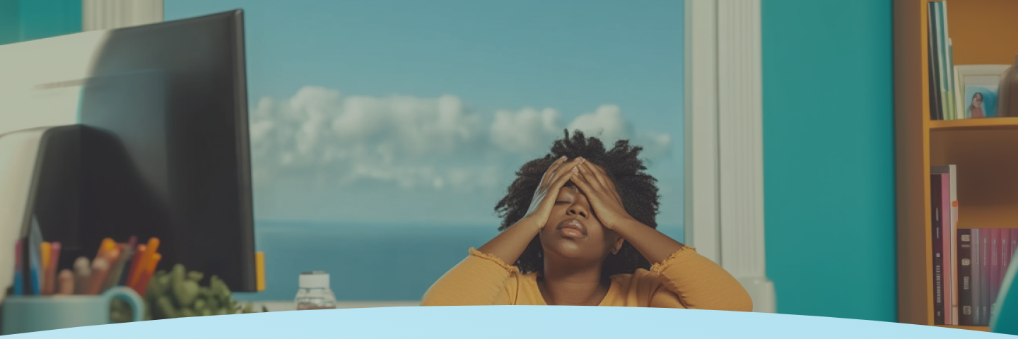 Pessoa em uma mesa com as mãos no rosto, aparentando cansaço ou estresse.