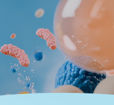 Representação abstrata de elementos microscópicos com formas orgânicas coloridas e bolhas.