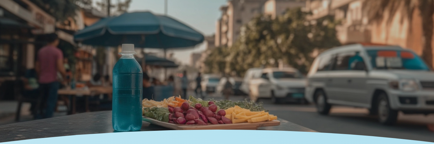 Garrafa de líquido azul e vegetais fatiados em uma mesa em um mercado ao ar livre.