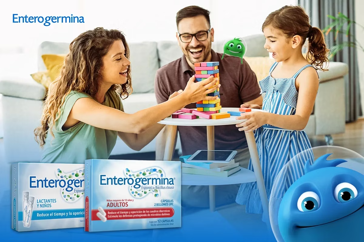 Padres e hija saludables divirtiéndose. Enterogermina ayuda a proteger y restablecer la flora intestinal.
