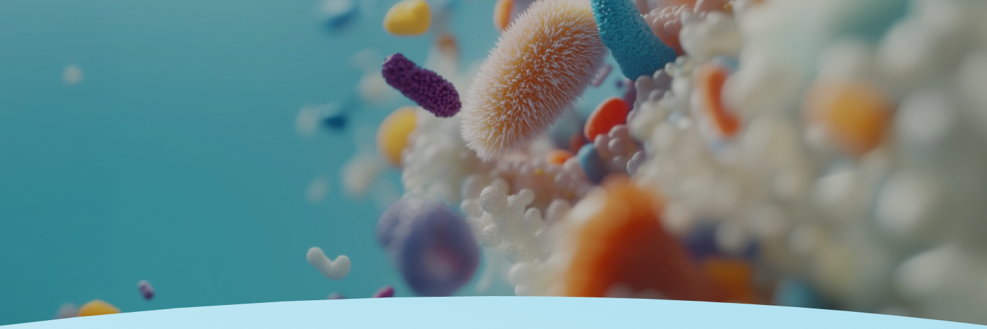 Close-up de organismos microscópicos coloridos em um fundo azul.