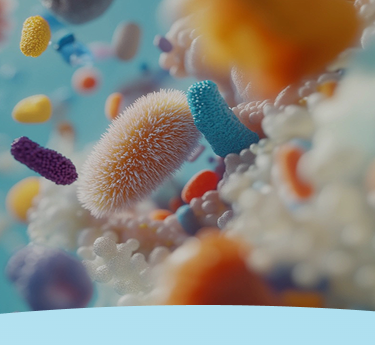 Bactérias probióticas coloridas flutuando em um ambiente azul.