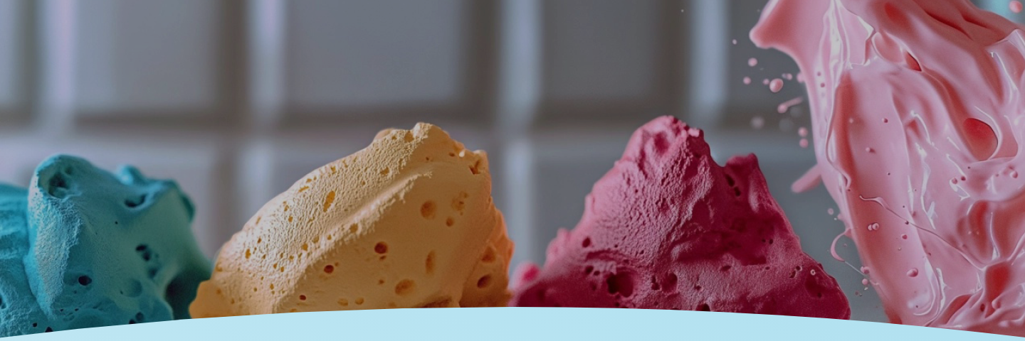 Quatro montes coloridos de mousse em azul, amarelo e rosa em um fundo desfocado.