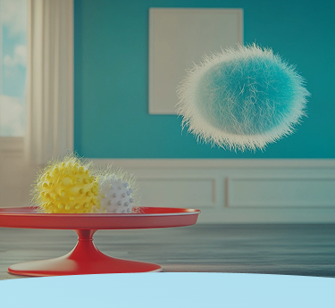 Esferas felpudas coloridas em um pedestal vermelho e uma flutuando em uma sala.