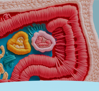 Bordado abstrato colorido que lembra formas gastrointestinais.