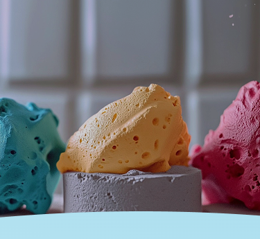Esponjas de espuma coloridas exibidas em azul, amarelo e rosa.
