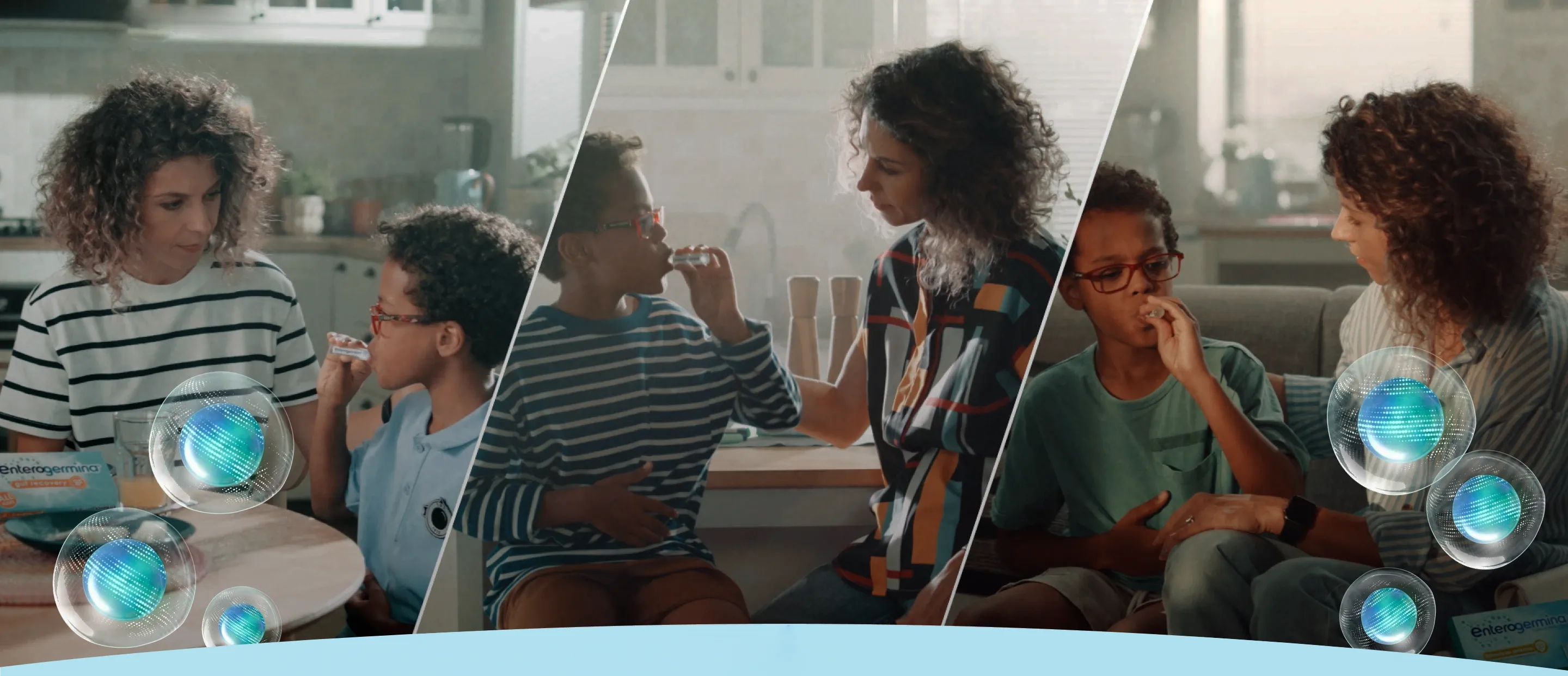 Uma criança toma Enterogermina oral em frascos sob a supervisão de um adulto em um ambiente de cozinha.