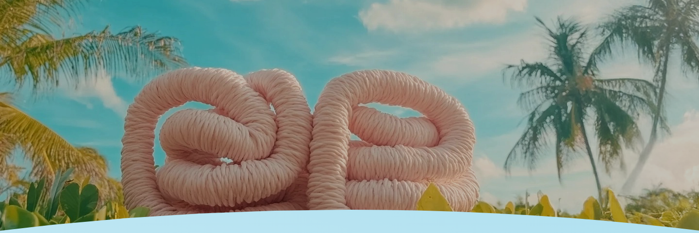 Corda rosa enrolada em frente a palmeiras e um céu azul.