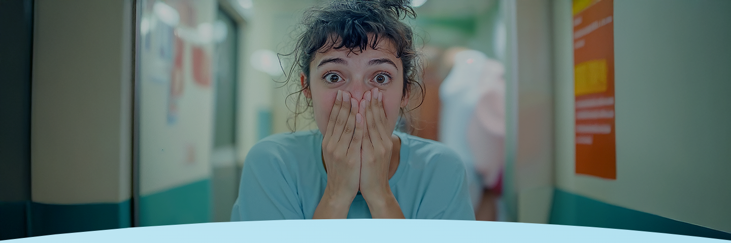 Uma pessoa surpresa com olhos arregalados cobre a boca em um corredor bem iluminado.
