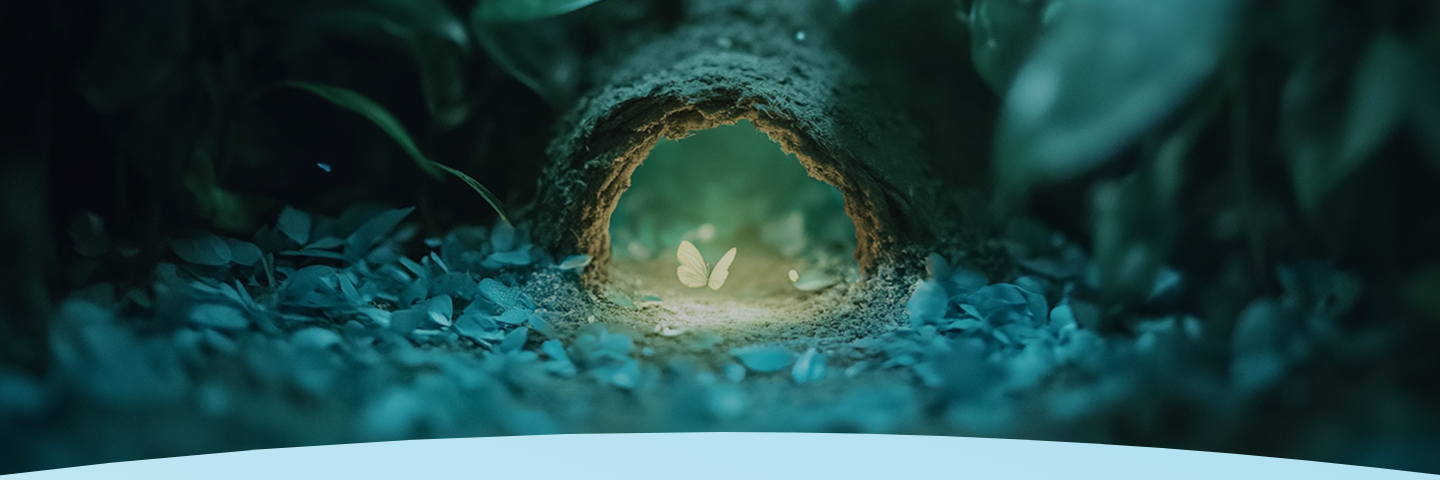 Uma borboleta brilha dentro de um pequeno túnel iluminado na floresta.