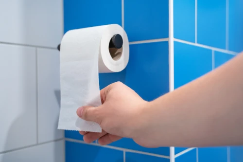mão de uma pessoa pegando o rolo de papel higiênico
