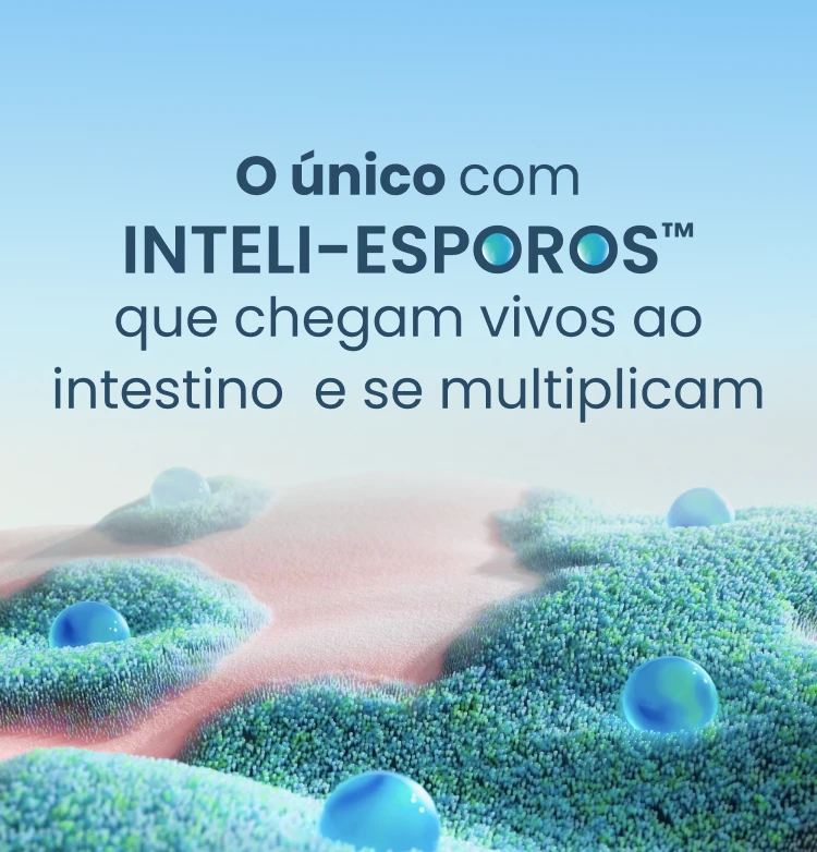 O texto destaca um recurso exclusivo do INTELI-ESPORES™ com um fundo de esporos em um trato digestivo.