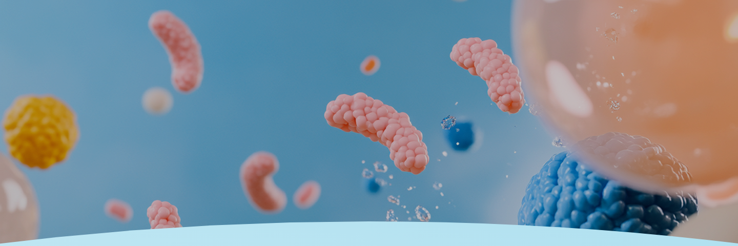 Representação abstrata de bactérias e partículas microscópicas em um fundo azul.